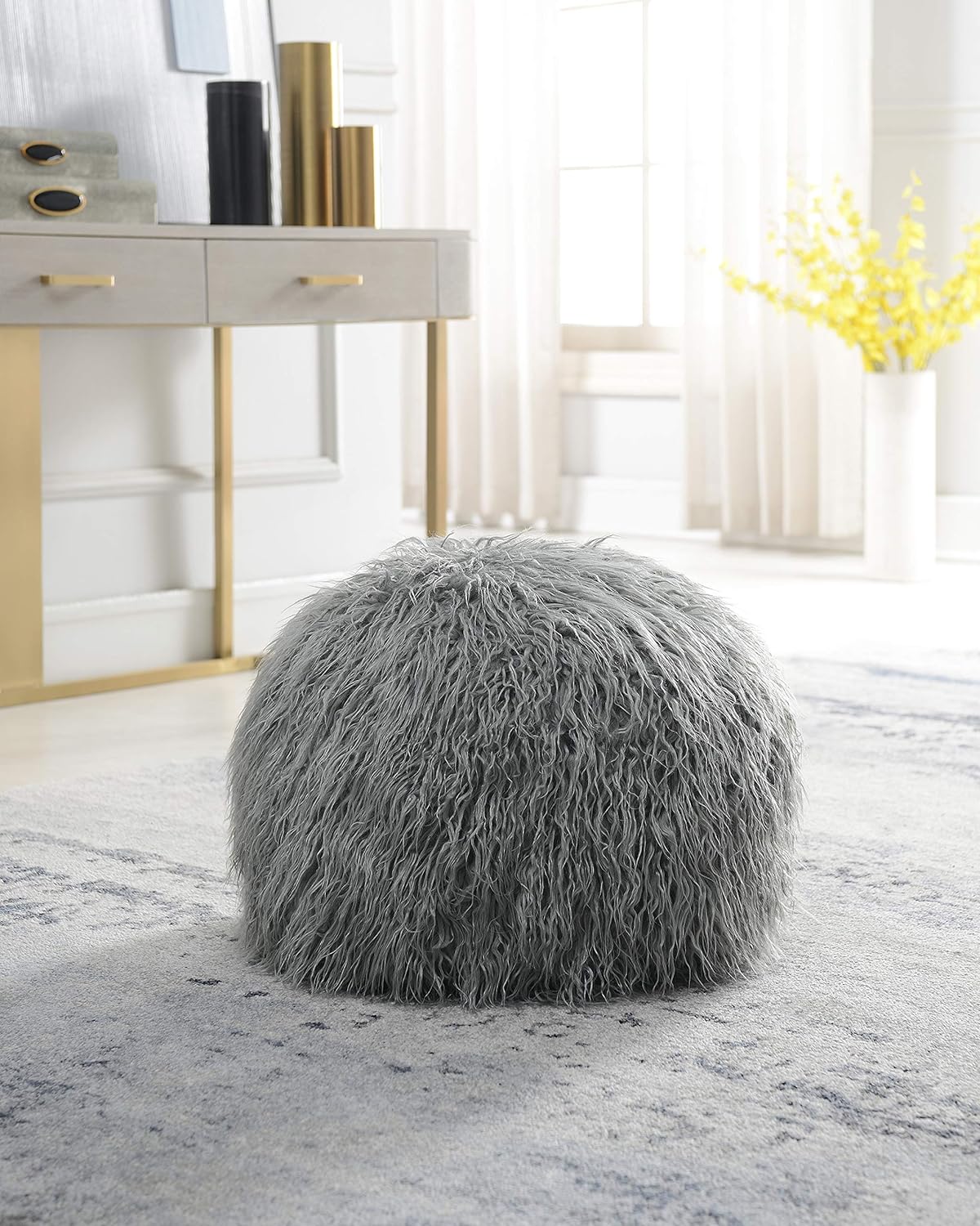 Comfortland Faux Fur Ottoman Stool (Empty & New), Fuzzy Pouf Cover, Fluffy Poof Ottomans, Furry Unstuffed Foot Rest with Storage for Living Room, Bedroom, or Gifts White