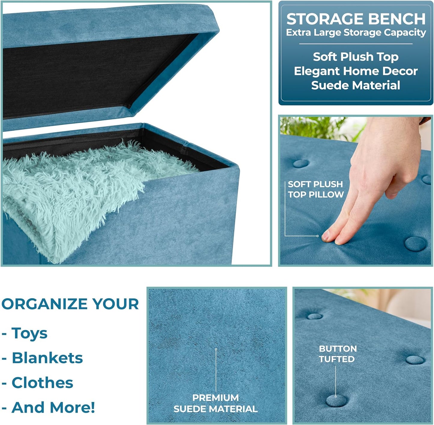 Sorbus Storage Ottoman Bench - Collapsible/Folding Bench Chest with Cover - Perfect Toy and Shoe Chest, Hope Chest, Pouffe Ottoman, Seat, Foot Rest, - Contemporary Faux Suede (Large-Bench, Teal)