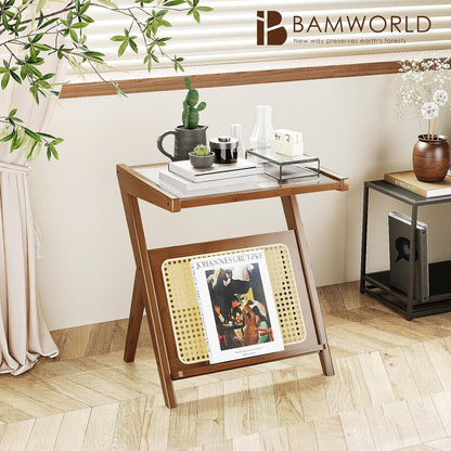 Bamworld Rattan Side Table Boho NightStand Mid Century Modern End Table Glass Bedside Table Small End Tables Bamboo Coffee Table with Storage for Living Room Bedroom, Bamboo Brown (A1)