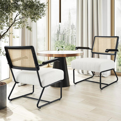 Fahomiss Accent Chairs - Living Room Chairs Mid-Century Modern Style Breathable Mesh Rattan Backrest Velvet Seat Oversized Bedrooms Reading Office White Black (White-Brown, x1)