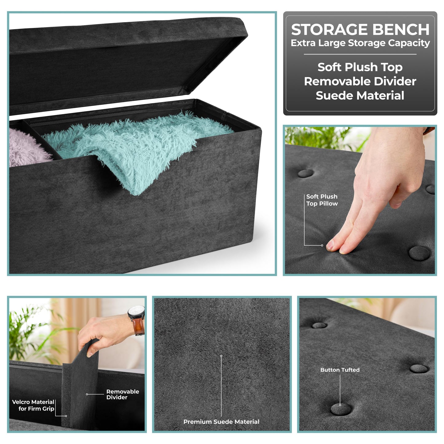 Sorbus Storage Ottoman Bench - Collapsible/Folding Bench Chest with Cover - Perfect Toy and Shoe Chest, Hope Chest, Pouffe Ottoman, Seat, Foot Rest, - Contemporary Faux Suede (Large-Bench, Teal)