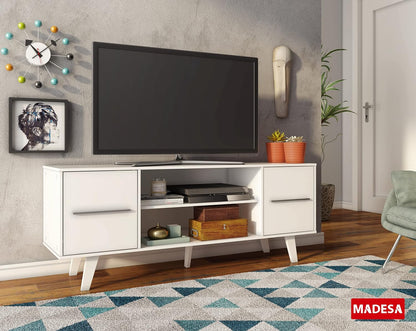 MADESA TV Stand with Storage Space and Cable Management, for TVs up to 55 Inches, Wood, 136 W x 54 H x 39 D Cm – White