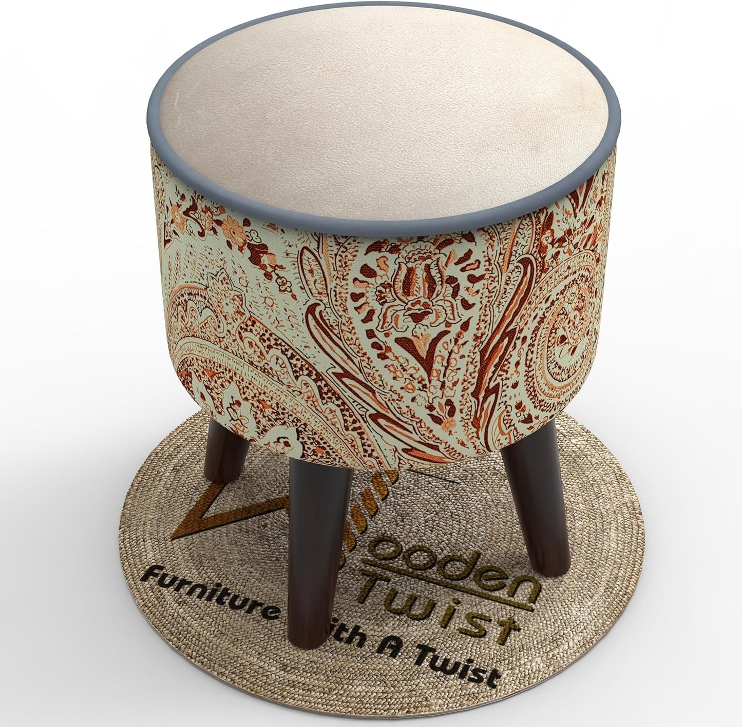 Wooden Twist Puffy Ottoman Stool for Living Room (Beige)