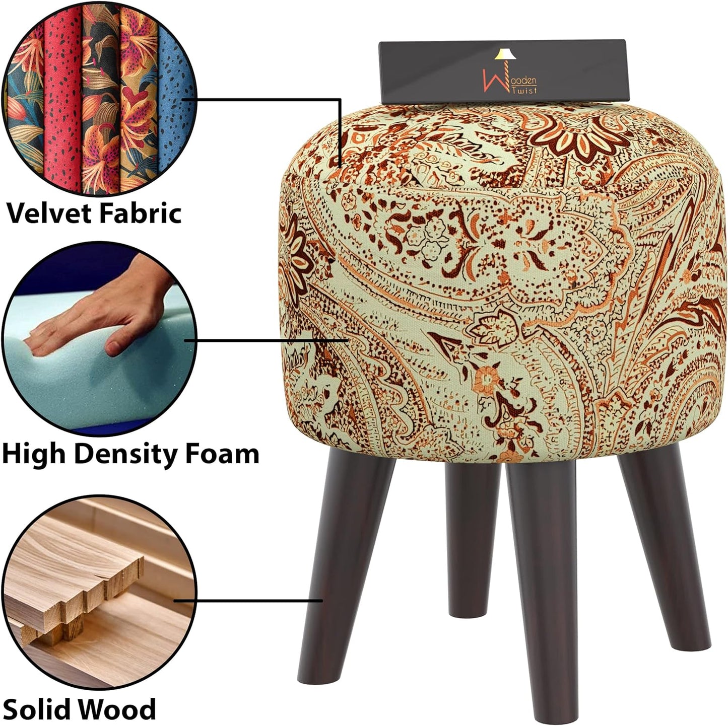 Wooden Twist Puffy Ottoman Stool for Living Room (Beige)