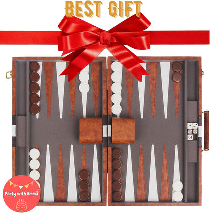 Backgammon Set 17.5 Inch Classic Backgammon Board Game Sets Handheld Backgammon Sets for Adults and Kids Brown Faux Leather Case Instructionطاولة زهر منقوشة ومرصعة بالصدف صناعة يدوية مع حجارة الزهر