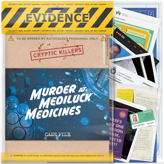 Cryptic Killers Unsolved murder mystery game - Police Case Files Investigation Detective Evidence & Crime File - individuals, date nights & party games- Murder at MediLuck Medicines