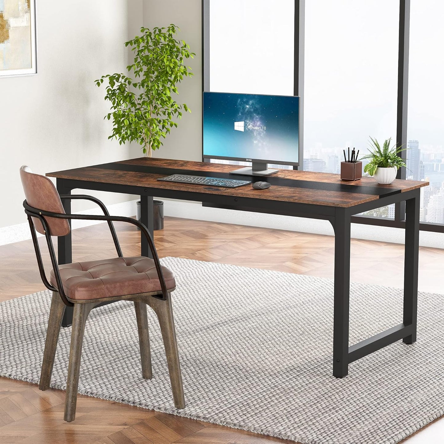 Tribesigns Computer Desk, Large Office Desk Computer Table Study Writing Desk for Home Office, Walnut + Black Leg, 63 X 23.6 inch