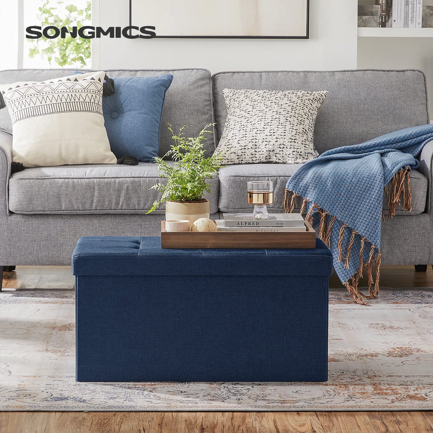 SONGMICS 30 Inches Folding Storage Ottoman Bench, Storage Chest, Foot Rest Stool, Dark Gray ULSF47K