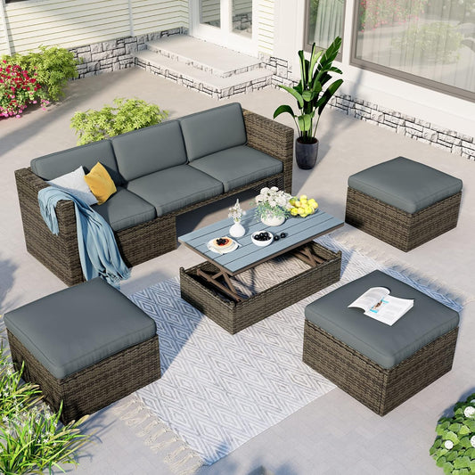 Morhome 5 Pieces Patio Furniture Sets All Weather Wicker Rattan Sectional Sofa Outdoor Conversation with Adustable Backrest, Cushions, Ottomans and Lift Top Coffee Table for Poolside, Garden, Backyard