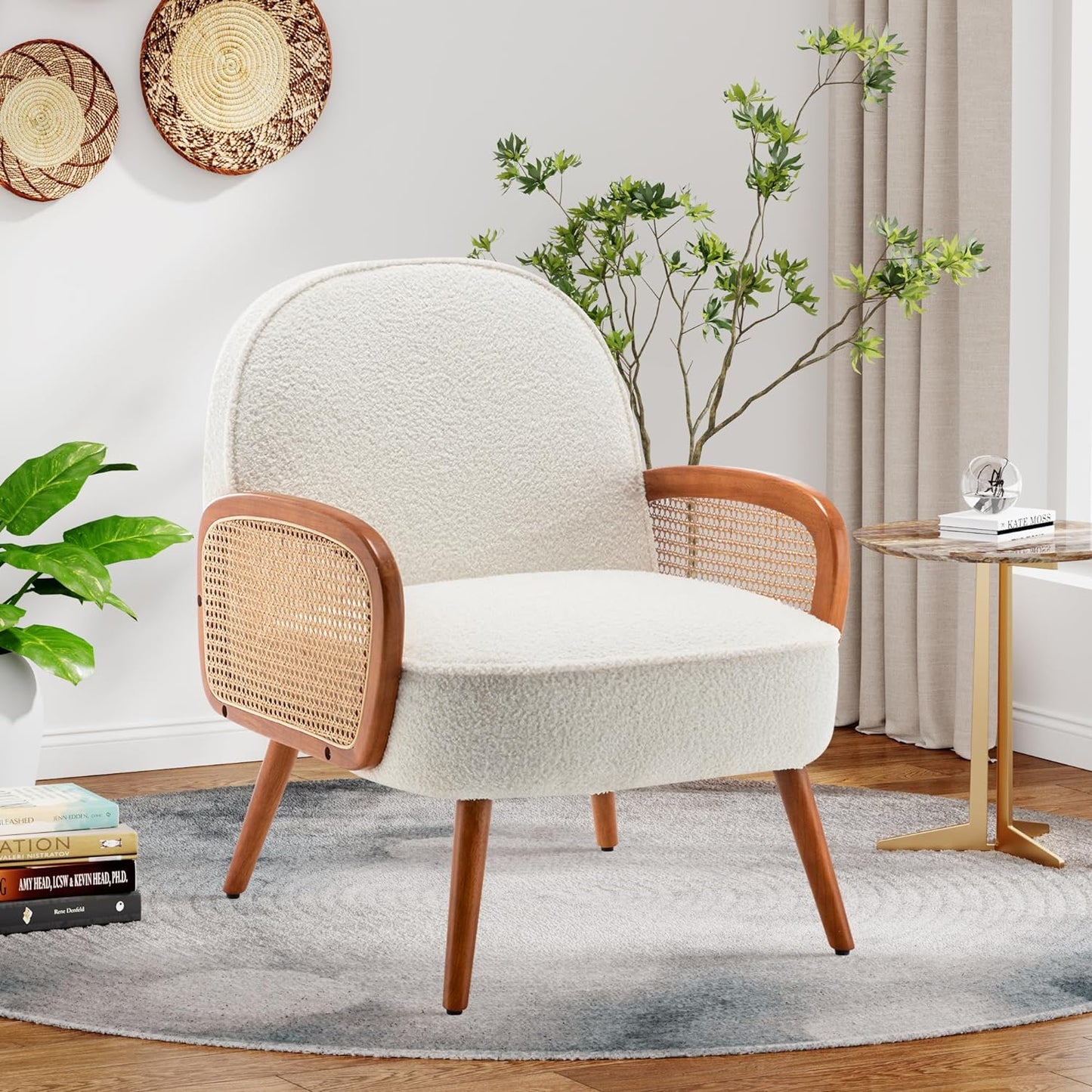 Aklaus Mid Century Modern Accent Chair Armchair with Rattan Arms Upholstered Rattan Hobo Accent Chairs for Living Room Bedroom Balcony Sherpa Teddy Fabric Reading Chairs Side Club Chair White