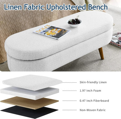 IAFIKE Oval Storage Bench 43.5" Linen Fabric Upholstered Ottoman Indoor Bench with Solid Wood Legs for Living Room/Bedroom/End of Bed/Entryway/Bed Side (White)