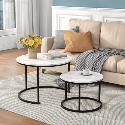 HOJINLINERO Nesting Coffee Table Round Set of 2 End Tables for Living Room,Industrial Stacking Side Tables,Wood Look Accent Furniture with Metal Frame End Table for Bedroom Decorations,Black+Brown