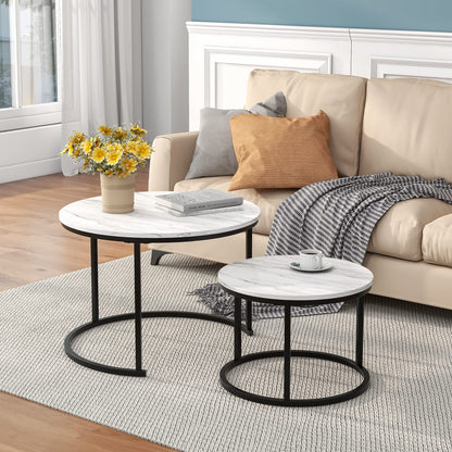 HOJINLINERO Nesting Round Coffee Table Set of 2 End Tables for Living Room,Grey Coffee Table Wooden Accent Furniture with Metal Frame,Stacking Side Tables,Black+Warm Grey