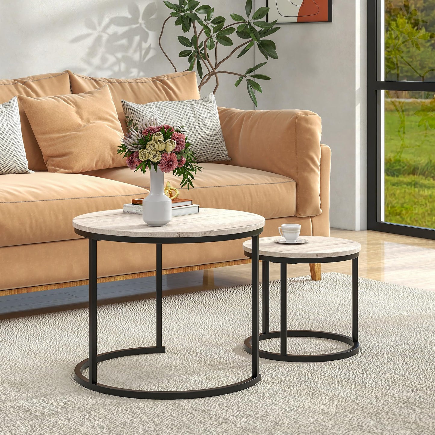 HOJINLINERO Nesting Round Coffee Table Set of 2 End Tables for Living Room,Grey Coffee Table Wooden Accent Furniture with Metal Frame,Stacking Side Tables,Black+Warm Grey