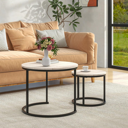 HOJINLINERO Nesting Round Coffee Table Set of 2 End Tables for Living Room,Grey Coffee Table Wooden Accent Furniture with Metal Frame,Stacking Side Tables,Black+Warm Grey