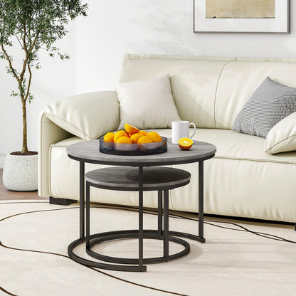 HOJINLINERO Nesting Round Coffee Table Set of 2 End Tables for Living Room,Grey Coffee Table Wooden Accent Furniture with Metal Frame,Stacking Side Tables,Black+Warm Grey