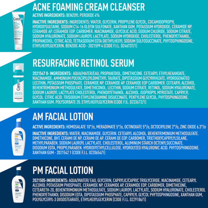 CeraVe Skin Care Set for Acne Treatment with Face Wash with Benzoyl Peroxide, Retinol Serum, AM Face Moisturizer with SPF & PM Face Moisturizer,5oz Cleanser + 1oz Serum + 2oz AM Lotion + 2oz PM Lotion