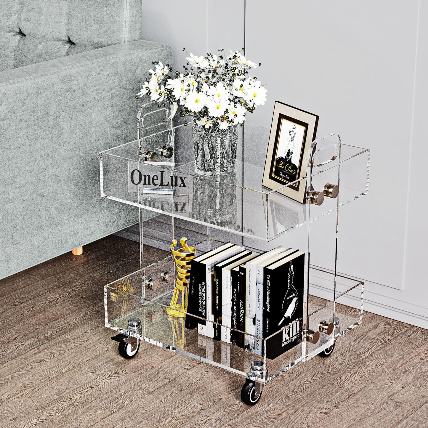 ONELUX (Flat Packed) Original Acrylic Side Table,Clear Table with Wheels,Rolling Storage cart,Acrylic Bedside Tables/Night Stand - 41×34×48H cm