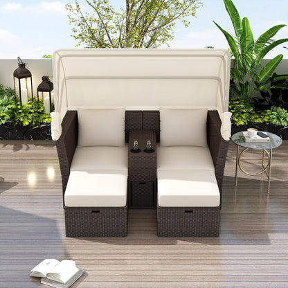 Morhome 5 Pieces Patio Furniture Sets All Weather Wicker Rattan Sectional Sofa Outdoor Conversation with Adustable Backrest, Cushions, Ottomans and Lift Top Coffee Table for Poolside, Garden, Backyard