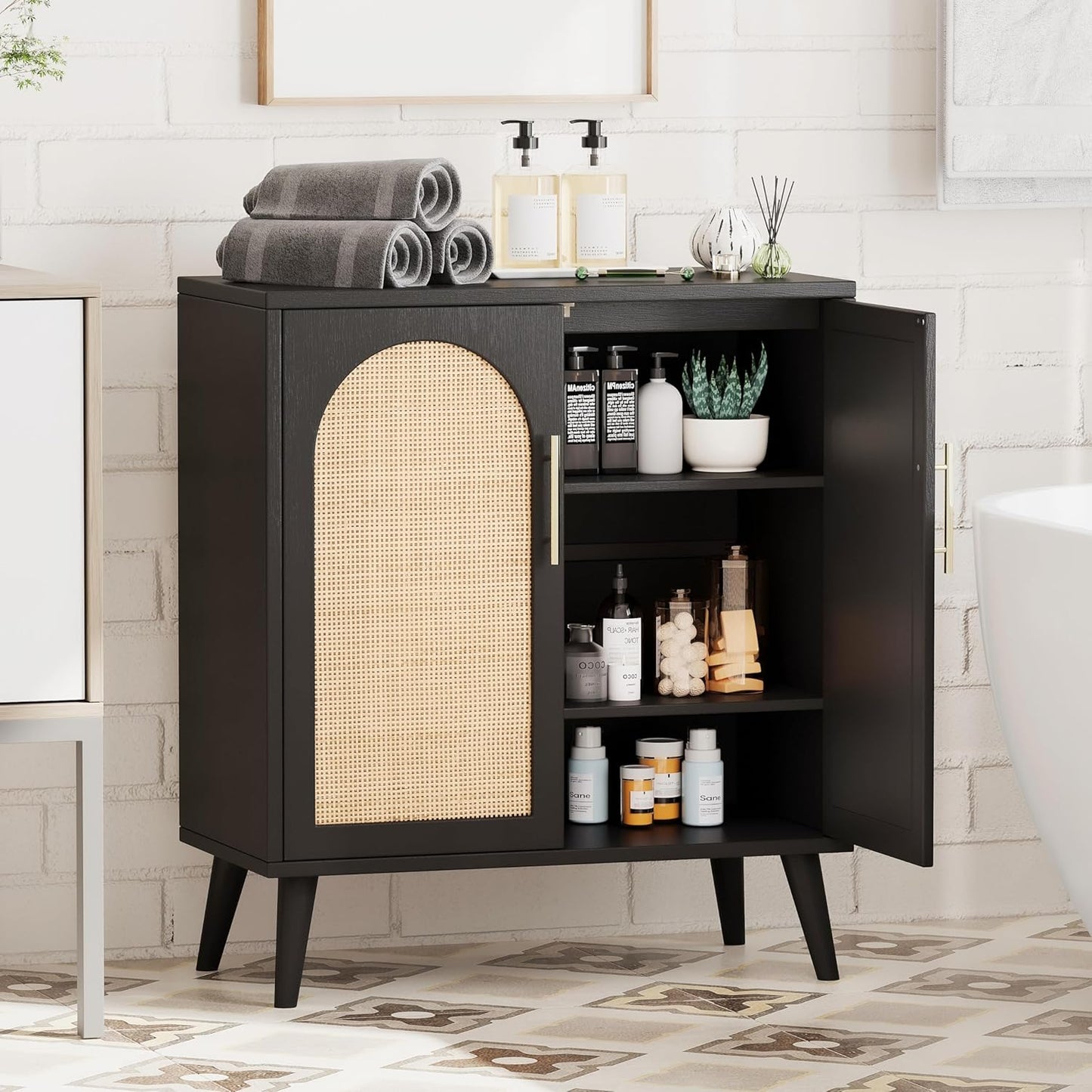 Rovaurx Rattan Storage Cabinet with Doors, Accent Bathroom Floor Cabinet, Modern Sideboard Buffet Cabinet for Living Room, Entryway, Dining Room and Kitchen, Black and Natural BMGZ108BM