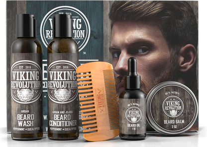 Viking Revolution Beard Grooming Kit for Men- Ultimate Beard Kit Includes 100% Boar Beard Brush, Beard Comb, Citrus Beard Balm, Unscented Beard Oil, Beard & Mustache Scissors