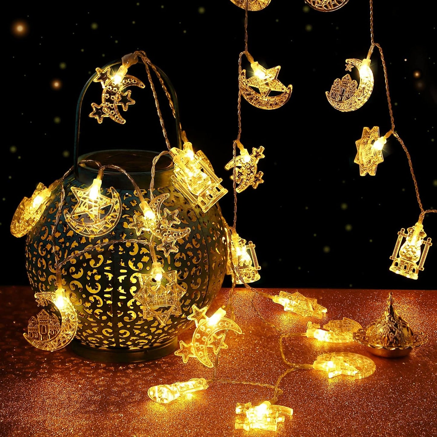 Tiokkss Ramadan Decorations Lights 8 Modes 30 LED 16 Ft Moon Star, Battery Operated Ramadan Decorations for Home, Ramadan Decorative Lights (Warm White)