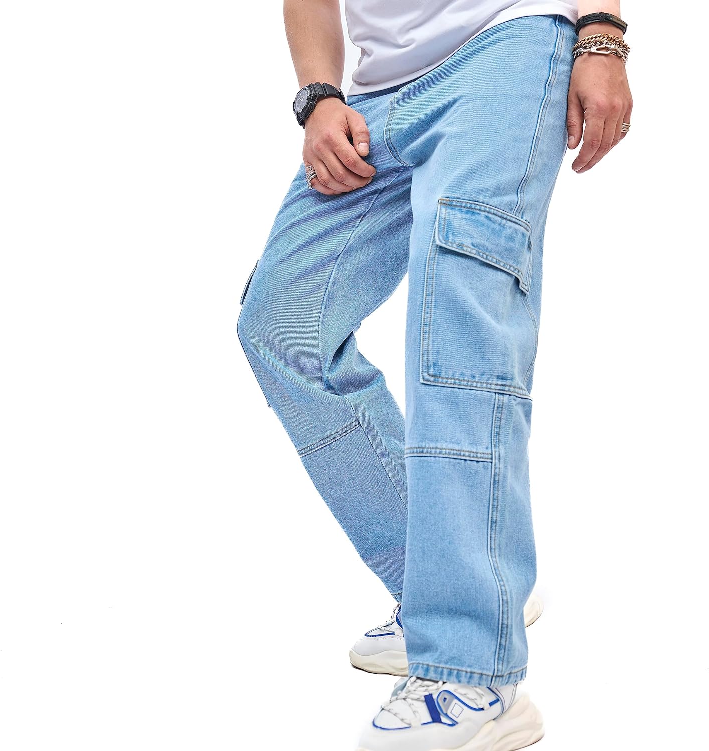 WEIBUMAOYI Men's Loose Fit Pants Relaxed-Fit Men Jeans Washed Oversize Straight Leg Carpenter Jean