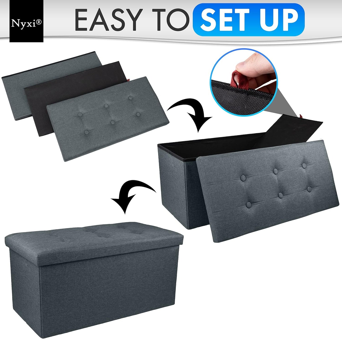 Nyxi Faux Leather 76 * 38 * 38cm Dark Grey Ottoman Foldable Storage Boxes Seat Foot Stool Storage Box with Lids for Kids Toys, Bedroom, Hallway, Living Room…