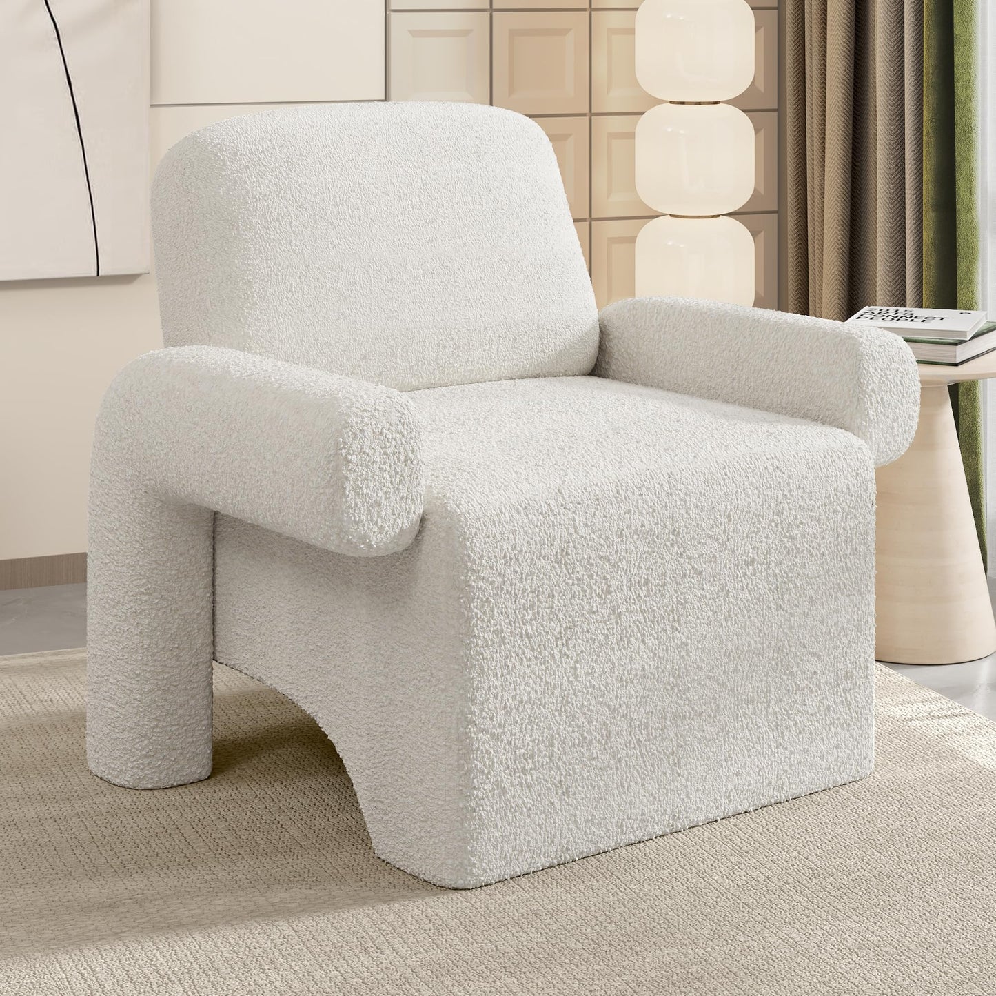 Dewhut Modern Sherpa Accent Chair, Fuzzy Upholstered Single Sofa with Round Armrest, Cozy Teddy Reading Side Chair for Living Room, Bedrooms, Corner (Cream White)