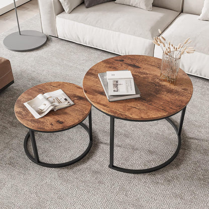 FOUBAM Round Coffee Tables for Living Room Furniture Wood Nesting Coffee Table Set of 2 Stacking Side Tea Table for Small Spaces Balcony Office, Stable Metal Frame,Easy Assembly(Black+Natural Oak)