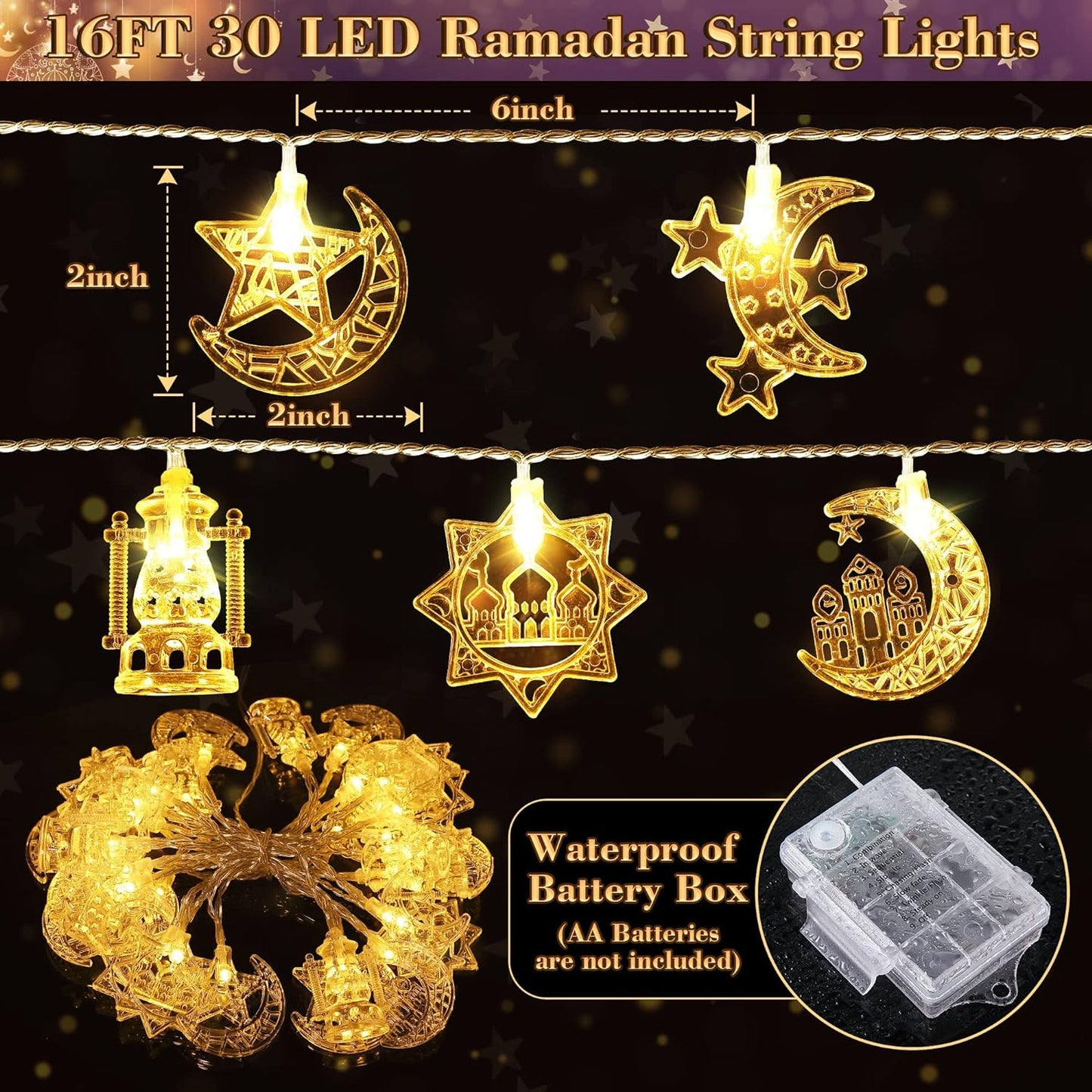 Tiokkss Ramadan Decorations Lights 8 Modes 30 LED 16 Ft Moon Star, Battery Operated Ramadan Decorations for Home, Ramadan Decorative Lights (Warm White)