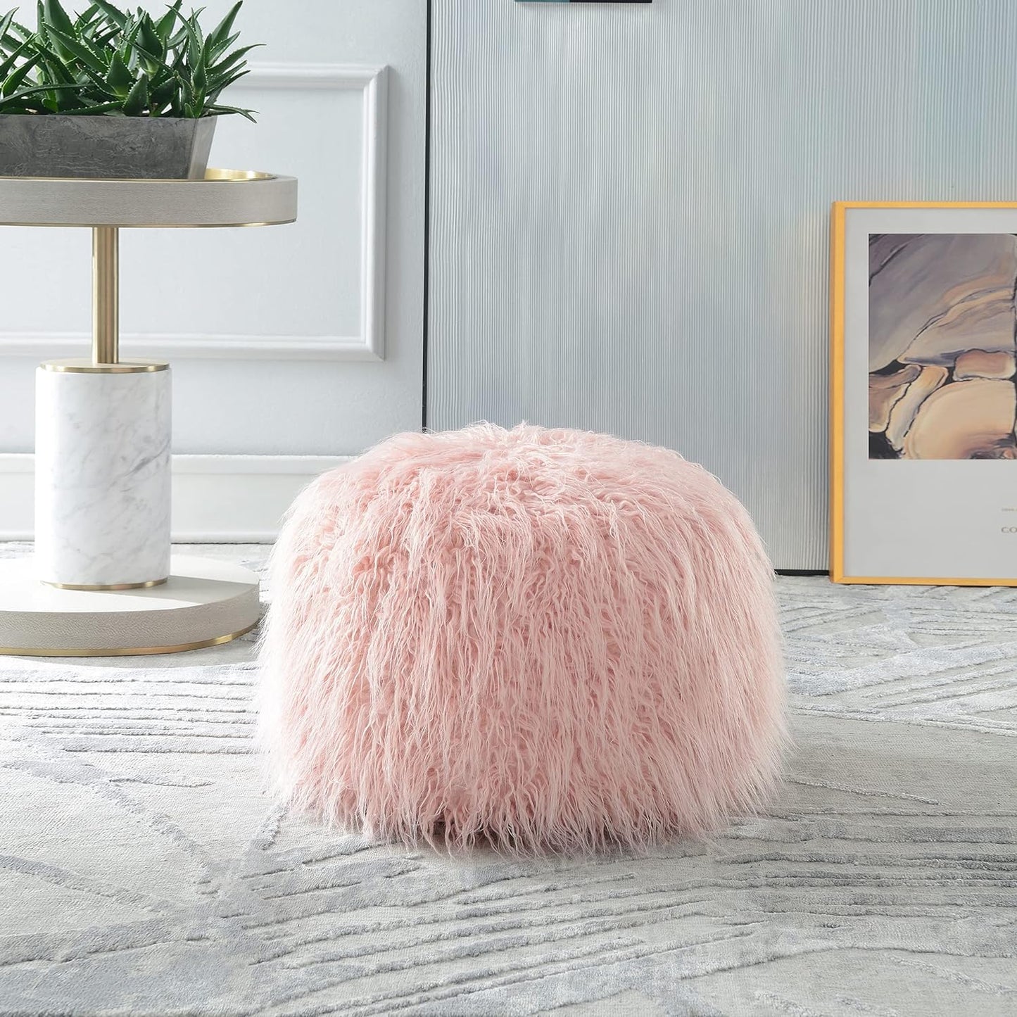 Comfortland Faux Fur Ottoman Stool (Empty & New), Fuzzy Pouf Cover, Fluffy Poof Ottomans, Furry Unstuffed Foot Rest with Storage for Living Room, Bedroom, or Gifts White