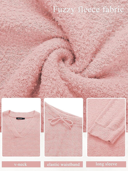 MEROKEETY Women's 2 Piece Outfits Fuzzy Fleece Pajama Set Long Sleeve Top Wide Leg Pants Loungewear