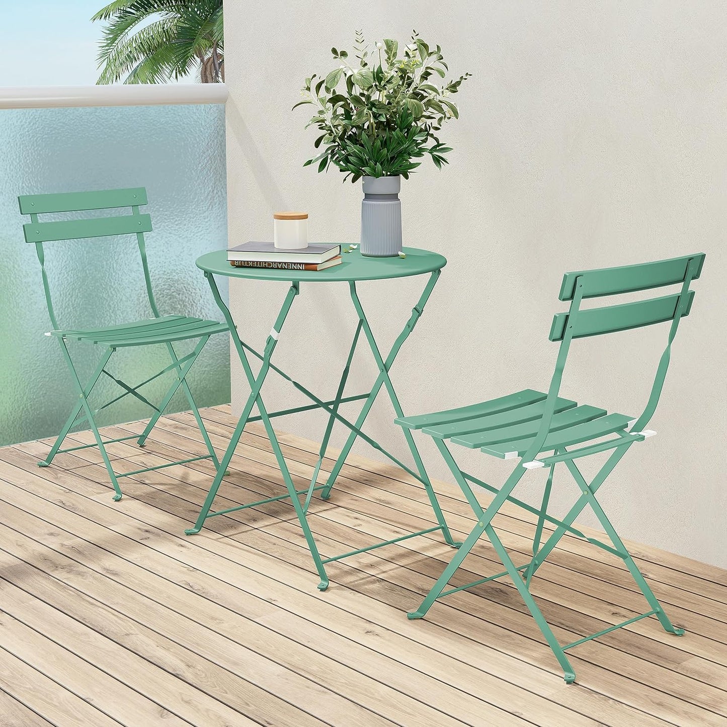 Grand patio Premium Steel Patio Bistro Set, Folding Outdoor Patio Furniture Sets, 3 Piece Patio Set of Foldable Patio Table and Chairs, Pea Green