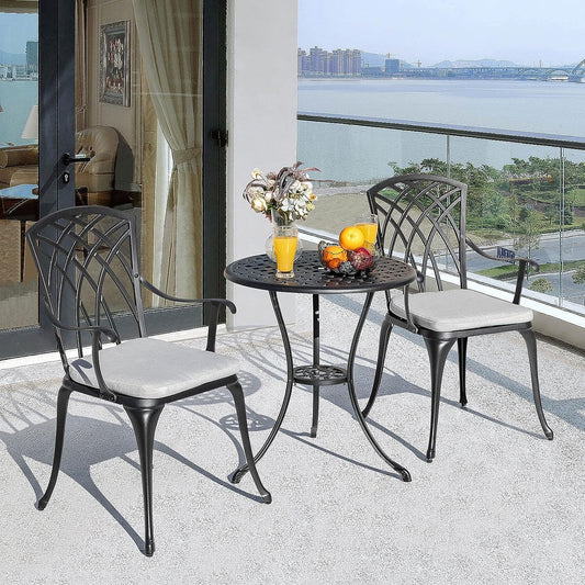 NUU GARDEN Bistro Set 3 Piece Outdoor Cast Aluminum Patio Bistro Set Patio Table and Chairs Set of 2 with Umbrella Hole and Gray Cushions, Black