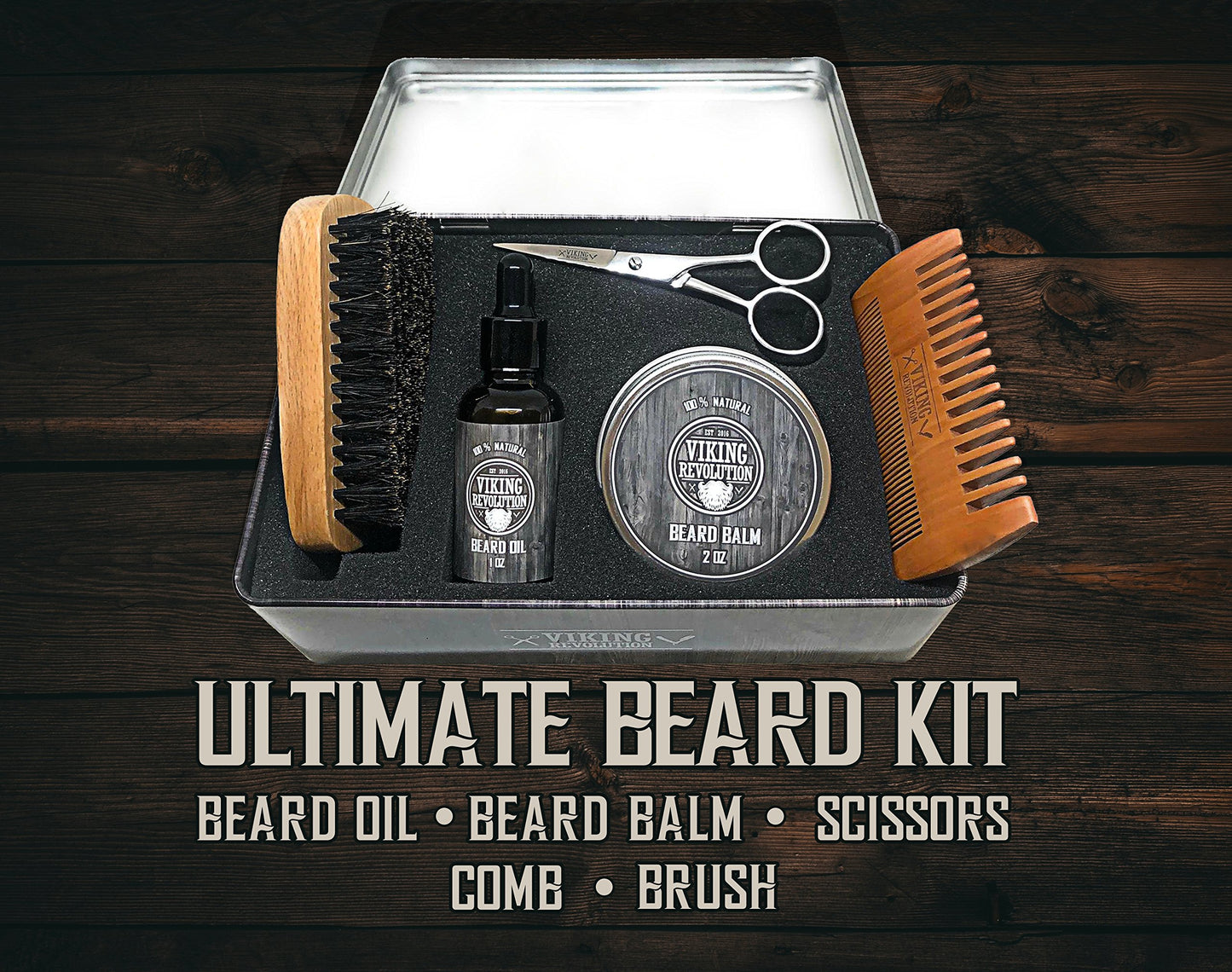 Viking Revolution Beard Grooming Kit for Men- Ultimate Beard Kit Includes 100% Boar Beard Brush, Beard Comb, Citrus Beard Balm, Unscented Beard Oil, Beard & Mustache Scissors