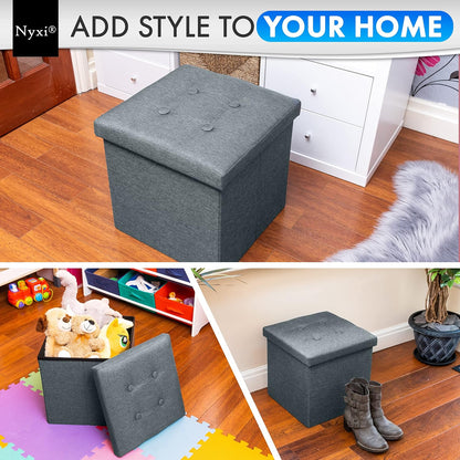 Nyxi Faux Leather 38 * 38 * 38cm Dark Grey Ottoman Foldable Storage Boxes Seat Foot Stool Storage Box with Lids for Kids Toys, Bedroom, Hallway, Living Room…