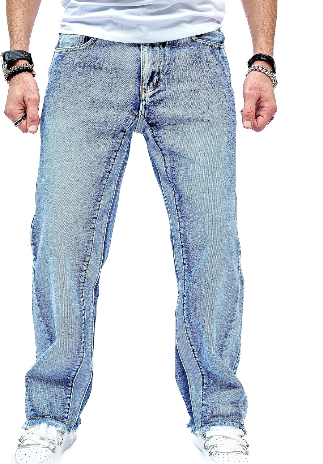 WEIBUMAOYI Men's Loose Fit Pants Relaxed-Fit Men Jeans Washed Oversize Straight Leg Carpenter Jean