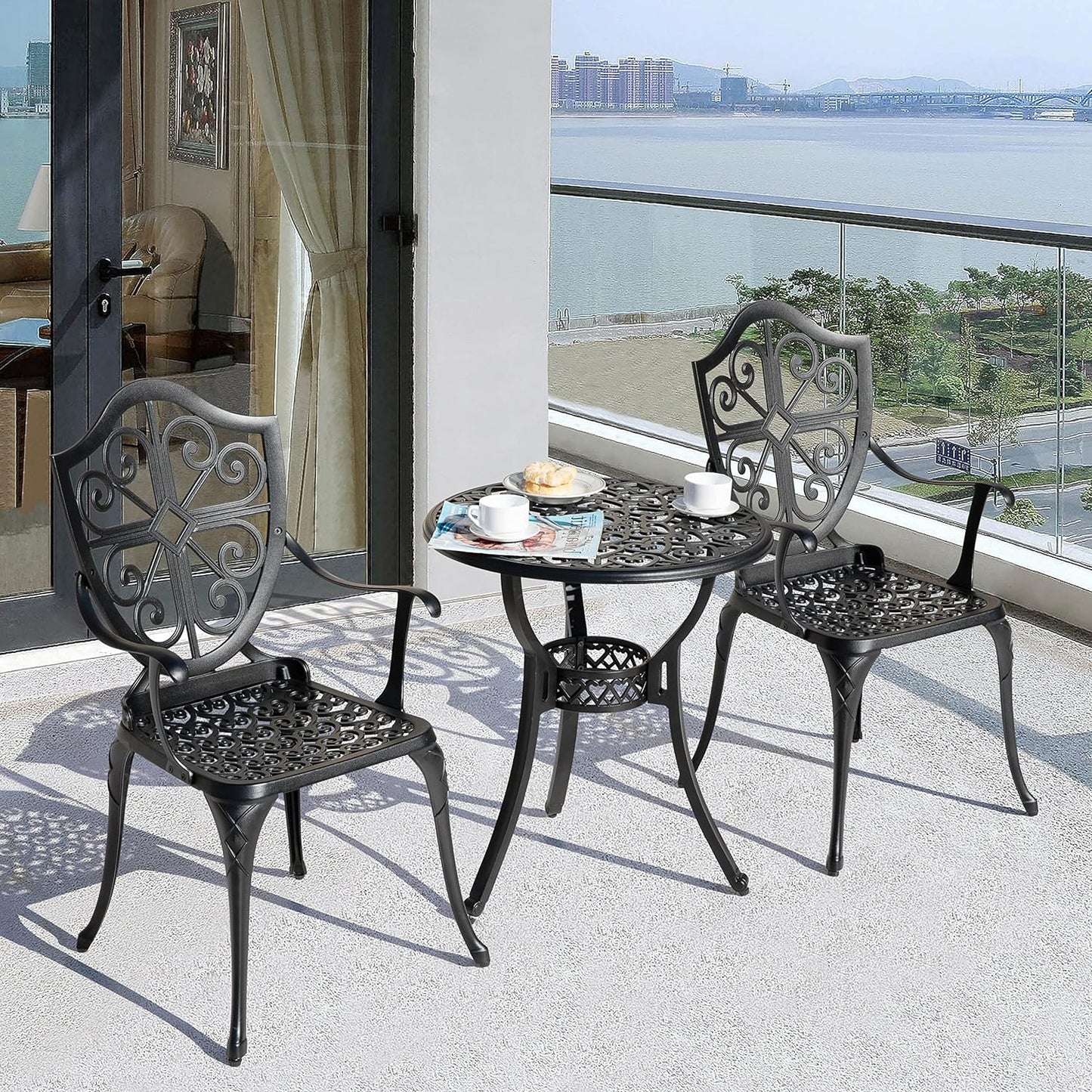 Nuu Garden Bistro Set 3 Piece Outdoor, Cast Aluminum Patio Bistro Sets with Umbrella Hole, Bistro Table and Chairs Set of 2 for Patio Backyard