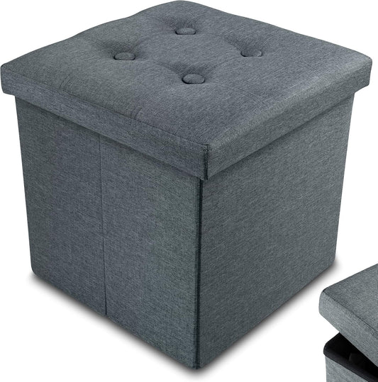 Nyxi Faux Leather 38 * 38 * 38cm Dark Grey Ottoman Foldable Storage Boxes Seat Foot Stool Storage Box with Lids for Kids Toys, Bedroom, Hallway, Living Room…