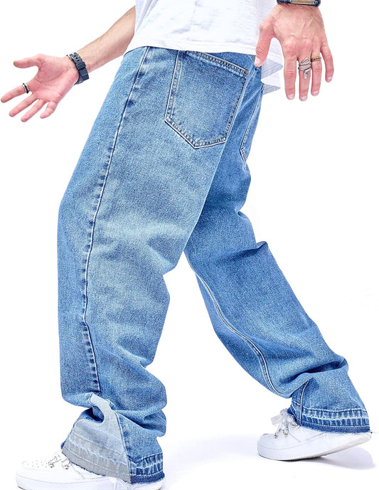 WEIBUMAOYI Men's Loose Fit Pants Relaxed-Fit Men Jeans Washed Oversize Straight Leg Carpenter Jean