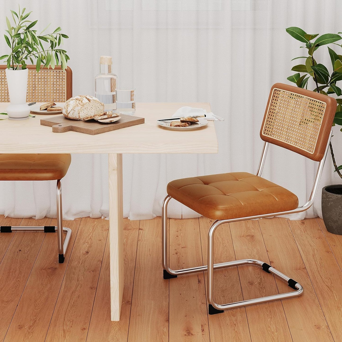 SHINEBOOM Rattan Dining Chairs Set of 2 Mid Century Modern Dining Room Chairs with Natural Rattan Woven Backrest and Seat Upholstered Kitchen Armless Side Chairs with Metal Legs, Black