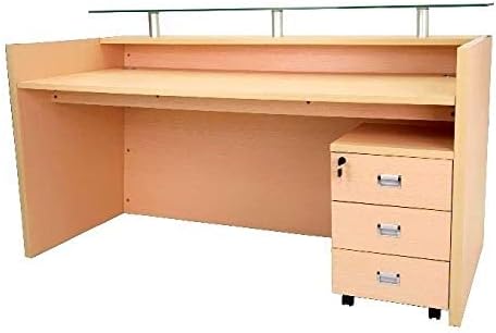 Mahmayi R06 Modern Reception Counter Desk with Floating Glass Top, Storage Feature Front Office Desk, Lockable 3 Storage Section, 180cm (Oak)