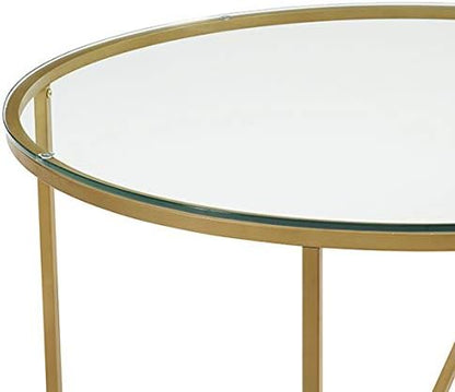 Eden Bridge Designs 91cm Round Mid Century Modern Coffee Table with X-Base for Living Room/Office decoration, Metal, Glass/Gold/Faux Marble