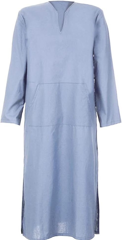 THE WHITE SHOP Men's V-Neck Linen Robe Short Sleeve Kaftan Thobe Long Gown Casual Shirt for Beach