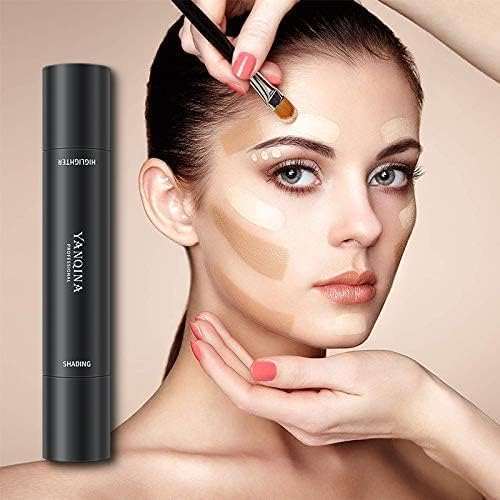 HXMJ 2 in 1 Contour Foundation Stick,Highlighter & Bronzer Pen,Face Brightens & Shades Pencil,Highlighting Shade Concealer Makeup,Highlight Bronzer Shaping Trimming Stick (Lotus+Light Brown)