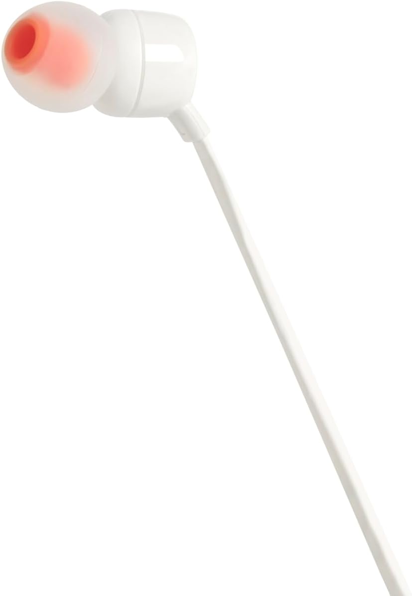 JBL Tune 110 Wired In-Ear Headphones, Deep and Powerful Pure Bass Sound, 1-Button Remote/Mic, Tangle-Free Flat Cable, Ultra Comfortable Fit - White, JBLT110WHT