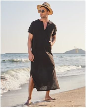 THE WHITE SHOP Men's V-Neck Linen Robe Short Sleeve Kaftan Thobe Long Gown Casual Shirt for Beach