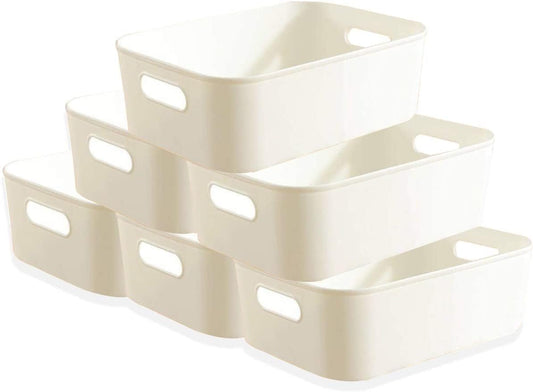 Plastic Storage Bins, Set of 6 Storage Bin Storage Basket Desk Cabinet Organizer, Multi-Use Organizer Bins, Built-In Handle, BPA-Free, Pantry Organization, White