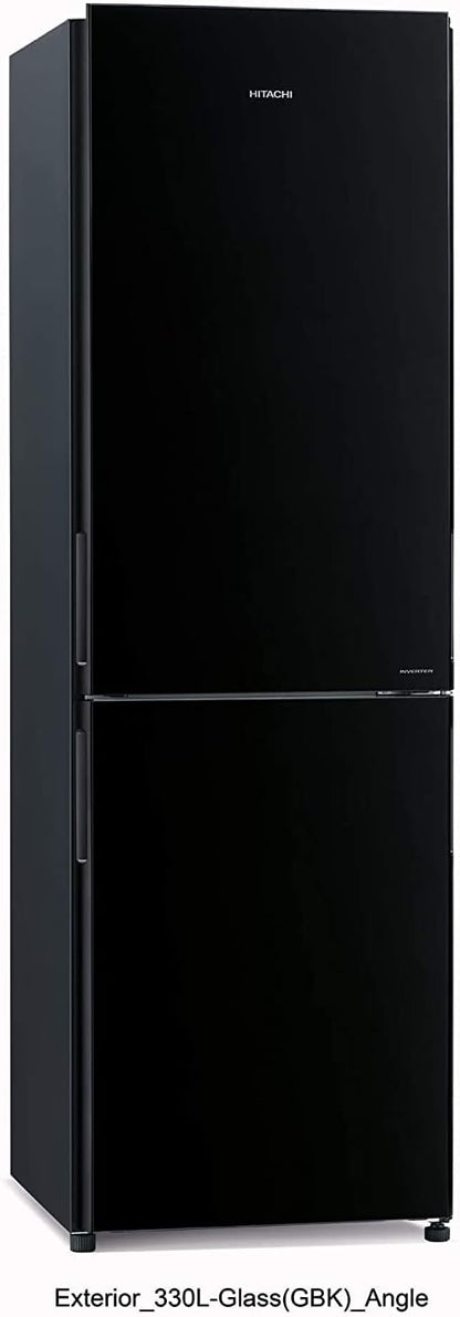 Hitachi 410L Gross Bottom Mount Double Door Refrigerator, 2 Doors No Frost Fridge Freezer, Inverter Control With Dual Fan Cooling, Eco Thermo-Sensor, Bottle & Wine Shelf, Glass Black, RBG410PUK6GBK